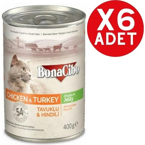 BonaCibo Jöleli Tavuk ve Hindili Yaş Kedi Maması Yetişkin Kediler için Tam Yaş Mama 6 x 400 Gr