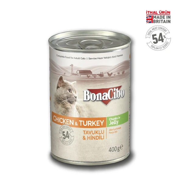BonaCibo Jöleli Tavuk ve Hindili Yaş Kedi Maması Yetişkin Kediler için Tam Yaş Mama 6 x 400 Gr - 6