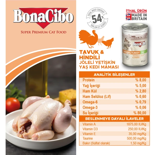 BonaCibo Jöleli Tavuk ve Hindili Yaş Kedi Maması Yetişkin Kediler için Tam Yaş Mama 6 x 400 Gr - 5