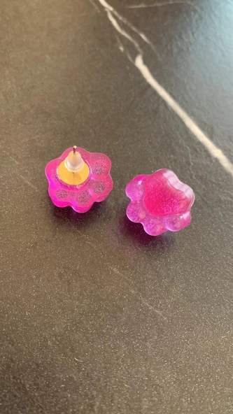 Parlak Mor Renkli Simli Kedi Köpek Pati Şekilli Küpe Gümüş Aksesuarlı El Yapımı Epoksi - Resim 6