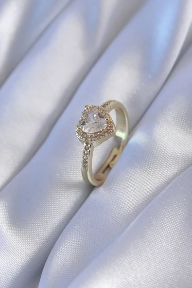 Gold Renk Zirkon Taşlı Kalp Model Pirinç Charm Kadın Yüzük - TJ-BYK2741 - 1