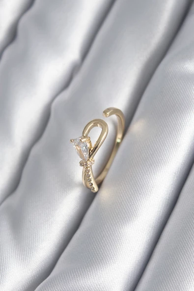 Pirinç Gold Renk Zirkon Taş Detay Kurdele Model Kadın Yüzük - TJ-BYK2991 - 1