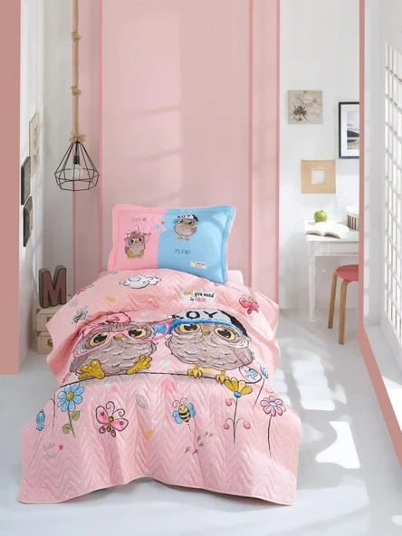Clasy Tek Kişilik Genç Yatak Örtüsü Puhu v1 Pembe