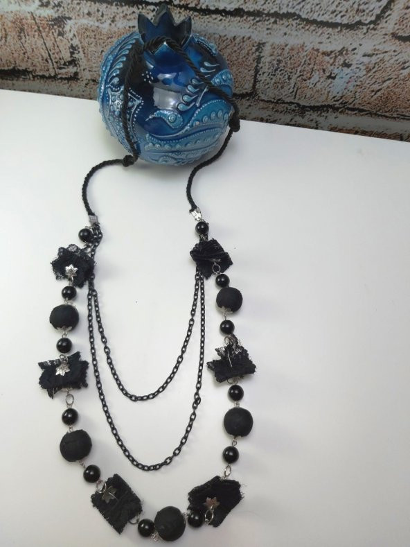 Kadın Siyah Taşlı ve Dantel Detaylı Üçlü Uzun Zincir Kolye - 2