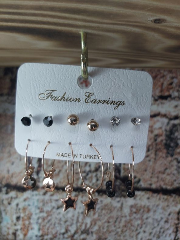 Kadın Gold Siyah Taşlı Üçlü Halka Küpe - 4