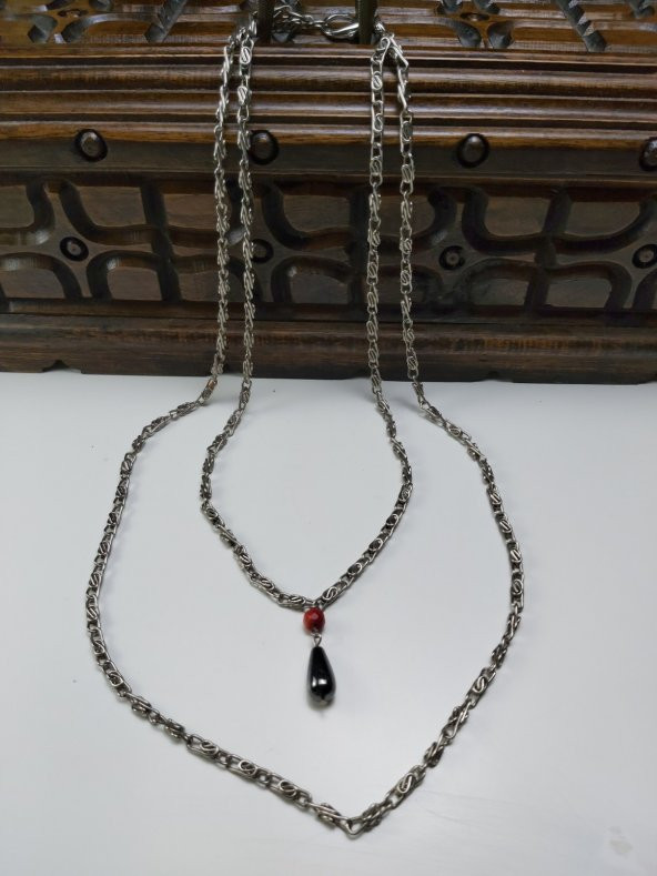 Kadın Gümüş Renk Hematit Taşlı Zincirli Kolye - 2