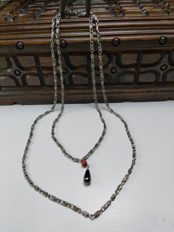 Kadın Gümüş Renk Hematit Taşlı Zincirli Kolye - 3