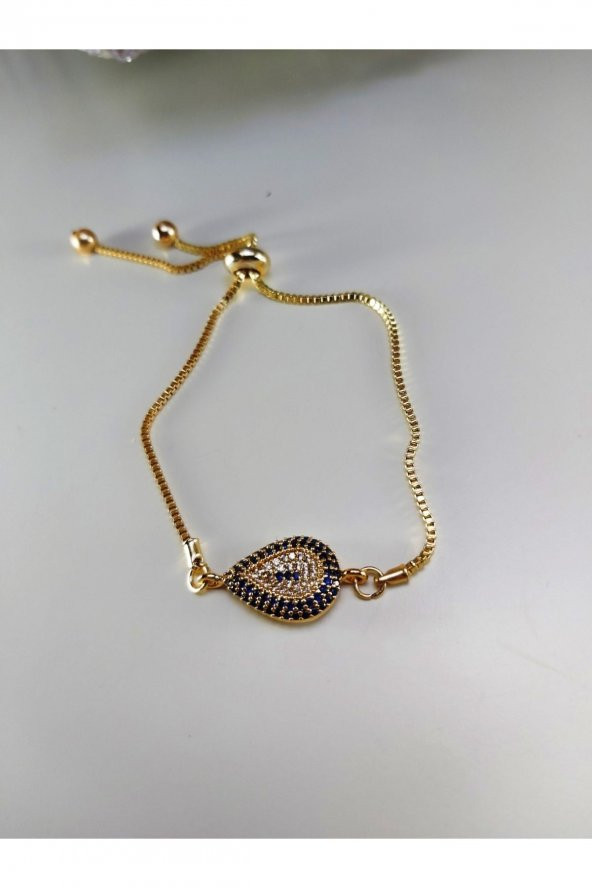 Zirkon Taşlı Gold Renk Damla Asansörlü Nazarlıklı Bileklik