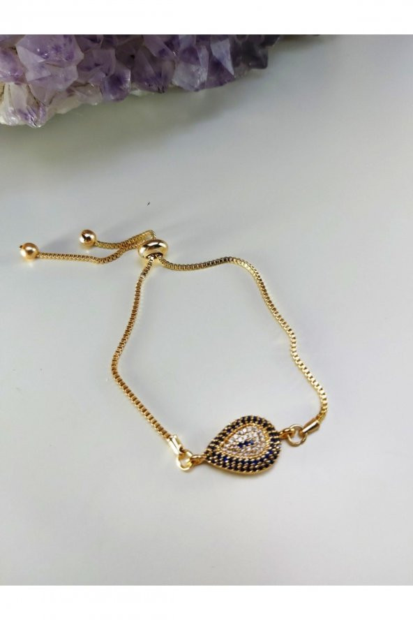 Zirkon Taşlı Gold Renk Damla Asansörlü Nazarlıklı Bileklik - 2