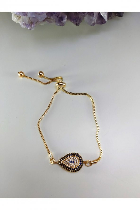 Zirkon Taşlı Gold Renk Damla Asansörlü Nazarlıklı Bileklik - 3