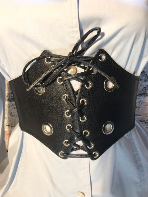 Kadın Siyah Lastikli Korse Model Bağcıklı Kemer - 2