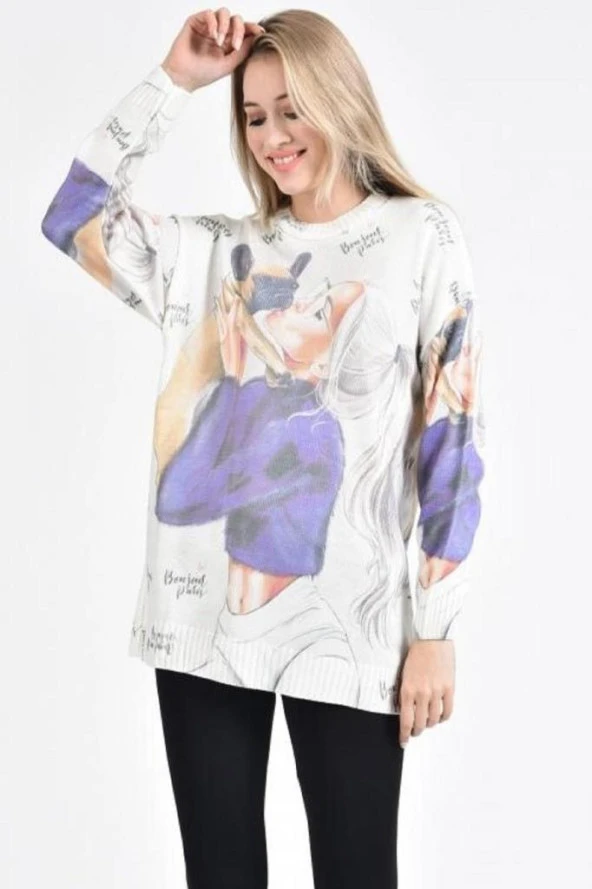 Köpekli Kadın ve Yazı Baskılı Ekru-Lila Kadın Kazak - 2