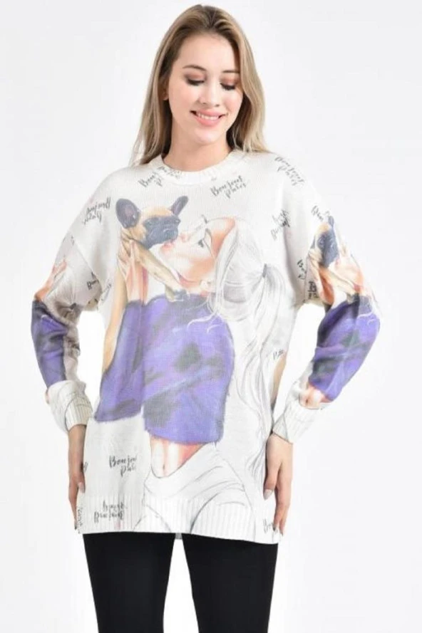 Köpekli Kadın ve Yazı Baskılı Ekru-Lila Kadın Kazak - 3