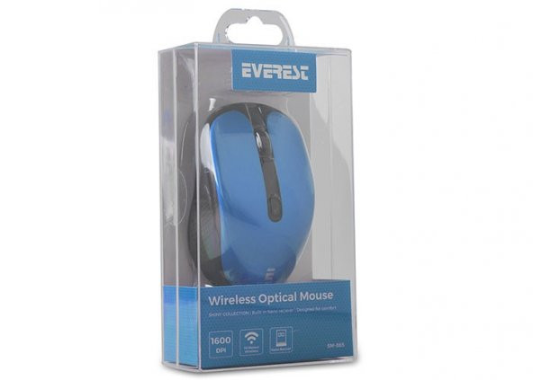 Everest SM-865 6D 1600dpi Alkalin Pilli Mavi Kristal Kutulu Kablosuz Sessiz Mouse