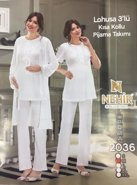 NEHİR 2036  Ecru Hamile Lohusa 3Lü Pijama Sabahlık Takım