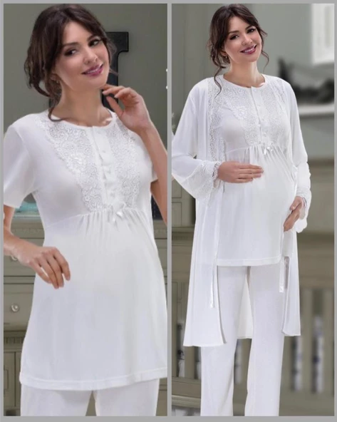 NEHİR 2036  Ecru Hamile Lohusa 3Lü Pijama Sabahlık Takım - 7