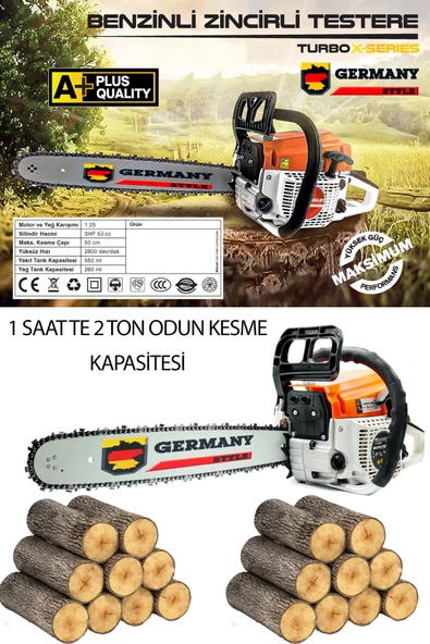 Germany Style Alman Benzinli Testere 15 Hpx 63cc Ağaç Kesme Motorlu Testere Yeni Nesil Motor 38 Diş - 3