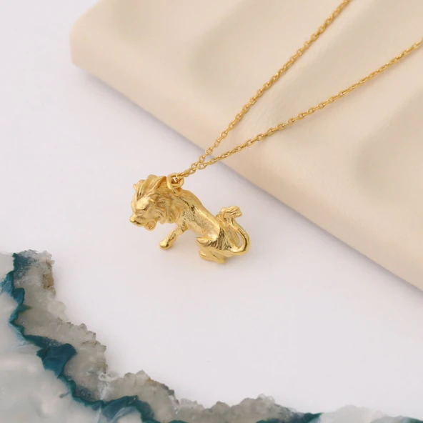 925 Ayar Gümüş, Üç Boyutlu Aslan Kolye - CN00356 - Resim 2