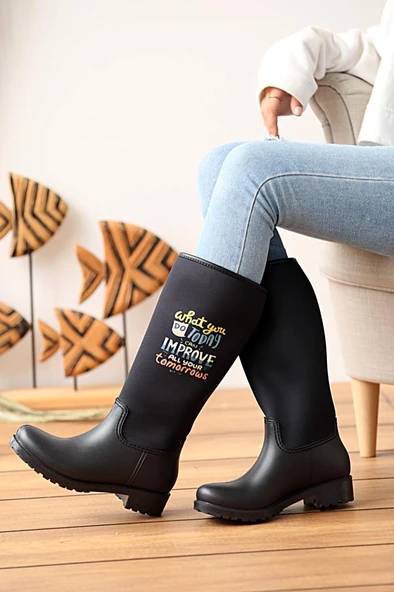 Pembe Potin Siyah Kadın Su Geçirmez Yağmur Çizmesi Ç19091 - 2