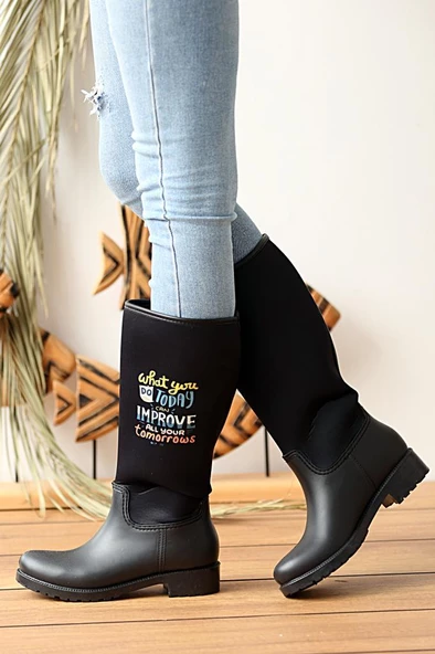 Pembe Potin Siyah Kadın Su Geçirmez Yağmur Çizmesi Ç19091 - 3