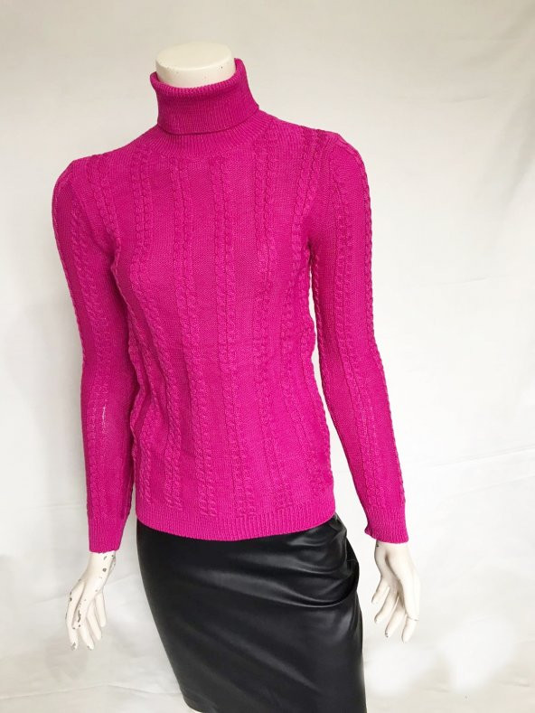 Bayan balıkçı yaka triko kazak fuşya renk - 2