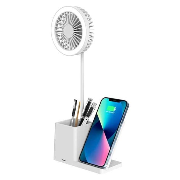 S-Link SL-M9055 10 Watt Kablosuz Şarj İstasyonlu Fanlı Kalemlikli Masa Lambası (Beyaz) - 5