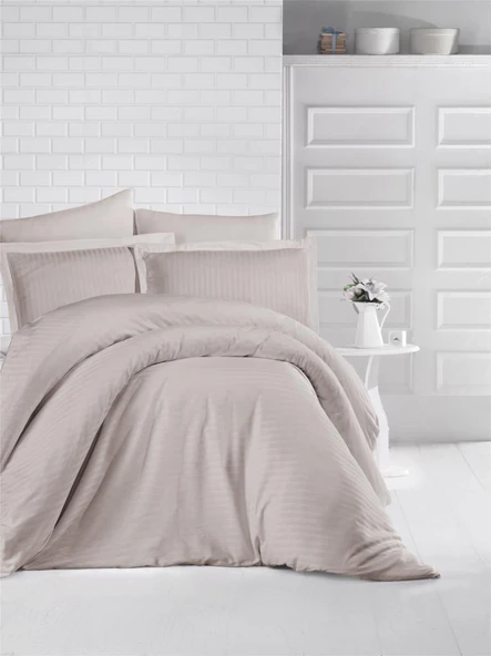 Clasy Çizgili Saten Nevresim Takımı Çift Kişilik Taş ürün görseli