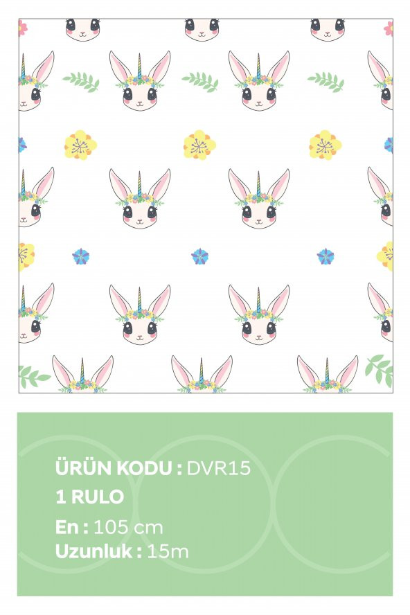 Sevimli Tavşan Çiçek | Çocuk Odası | Özel Tasarım Duvar Kağıdı | 105cm X 15 Metre - 1