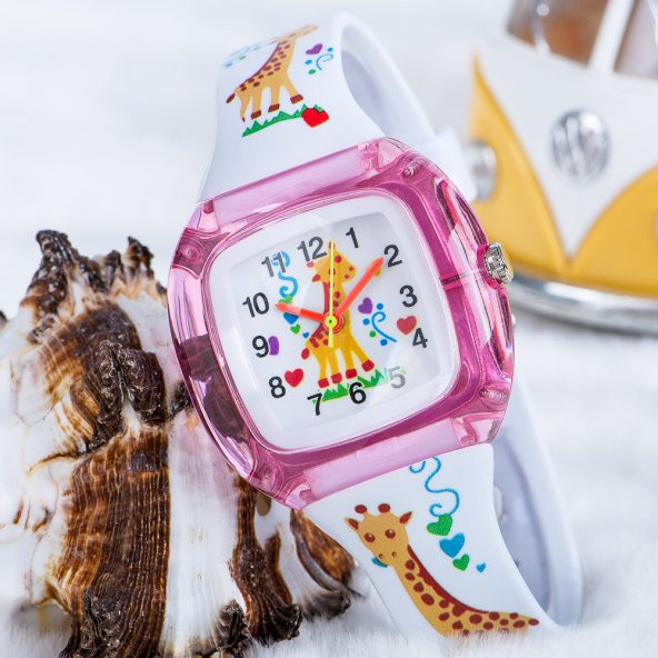 Zürafa Tasarımlı Beyaz Silikon Kordonlu Çocuk Saati