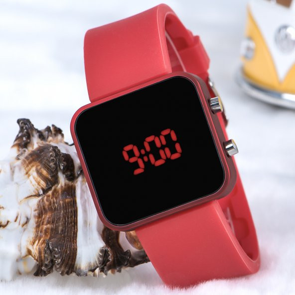 Kırmızı Kare Dijital Led Ekran Kırmızı Silikon Kordonlu Yetişkin Kız Kadın Saat