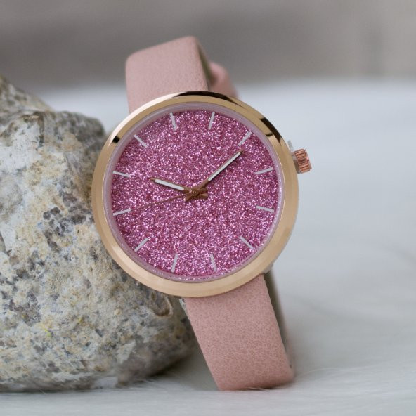 Pembe Deri Kordonlu Rose Renk Çelik Kasa Simli Bayan Saat ST-303312 - 2