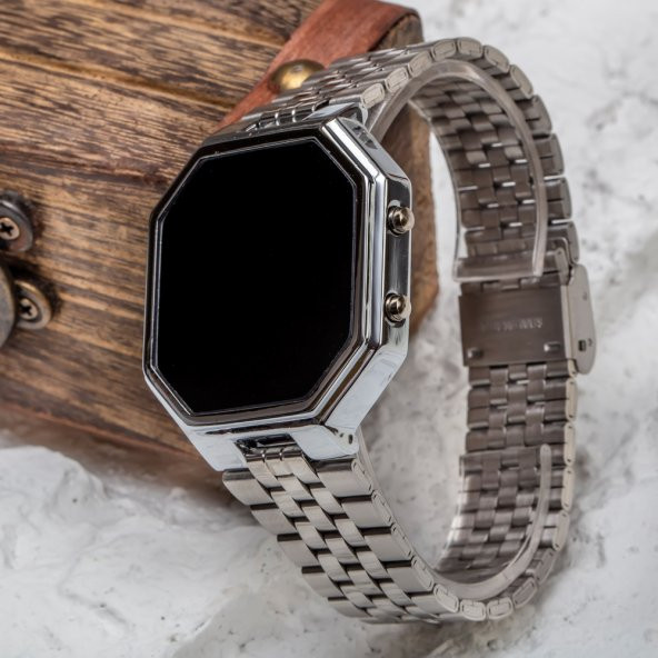 SPECTURM! Silver Gümüş Renk Dijital Led Watch Çelik Kordonlu Detay Kasa Kol Saati ST-303425 - 2