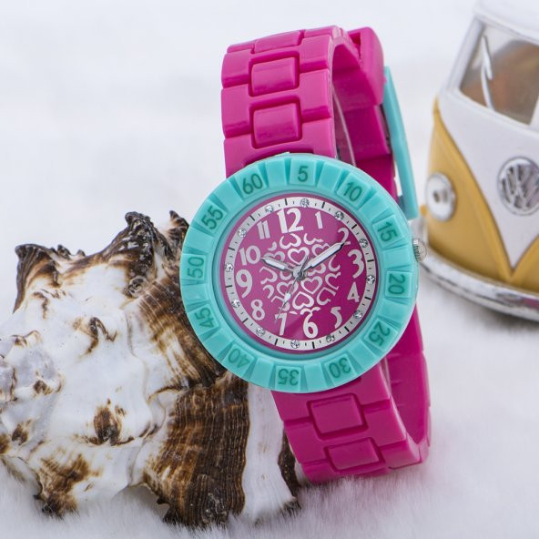 Kalp Tasarımlı Kadran Fuşya Silikon Kordon Turkuaz Çocuk Saati ST-303594 - 3