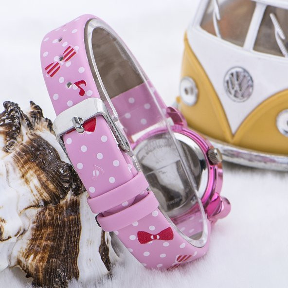 Pembe Taşlı Kasa Müzik Notalı Pembe Deri Kordonlu Kız Çocuk Saati ST-303600 - 2