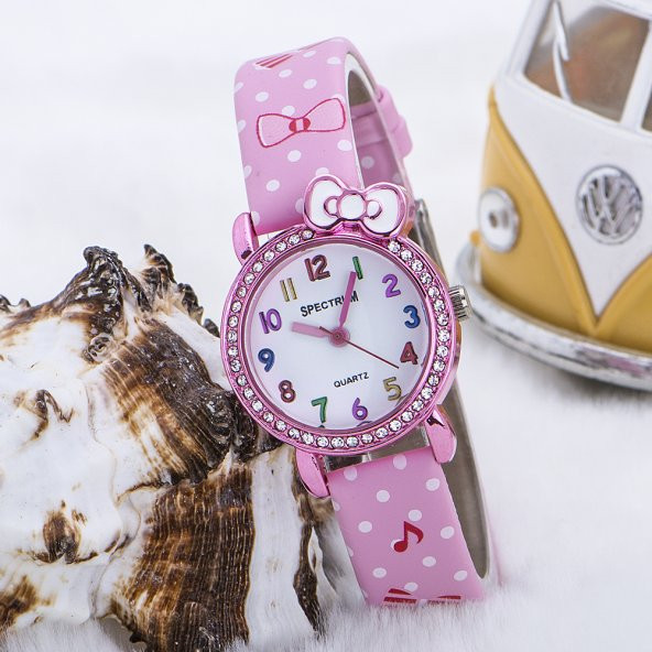 Pembe Taşlı Kasa Müzik Notalı Pembe Deri Kordonlu Kız Çocuk Saati ST-303600 - 5