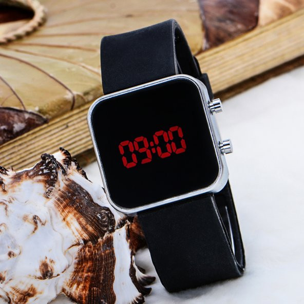 Siyah Silikon Kordonlu Mini Gümüş Renk Çelik Kasa Unisex Model Dijital Saat ST-303623