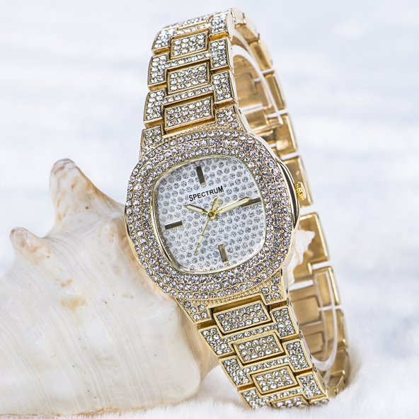 Şık Özel Tasarım Sarı Renk Zirkon Taşlı Çelik Kasa Bayan Kol Saati ST-303706 ürün görseli 1