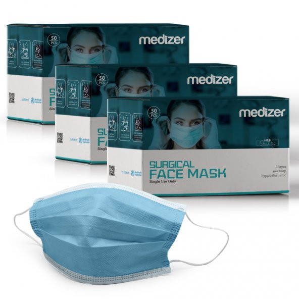 Medizer Full Ultrasonik Cerrahi Ağız Maskesi 3 Katlı Spunbond Kumaş 150 Adet - Burun Telli - Mavi