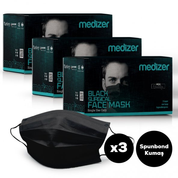 Medizer Full Ultrasonik Cerrahi Ağız Maskesi 3 Katlı Spunbond Kumaş 150 Adet - Burun Telli - Siyah