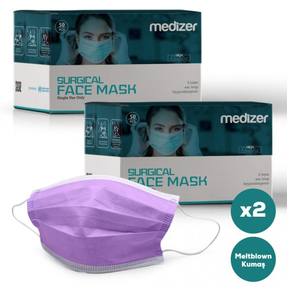 Medizer Full Ultrasonik Cerrahi Ağız Maskesi 3 Katlı Spunbond Kumaş 100 Adet - Burun Telli - Lila
