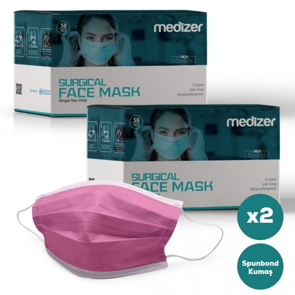Medizer Full Ultrasonik Cerrahi Ağız Maskesi 3 Katlı Spunbond Kumaş 100 Adet - Burun Telli - Pembe - 1