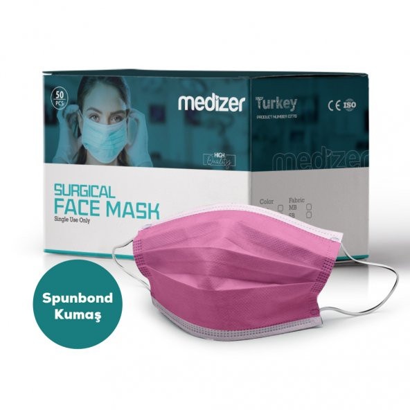 Medizer Full Ultrasonik Cerrahi Ağız Maskesi 3 Katlı Spunbond Kumaş 100 Adet - Burun Telli - Pembe - 3