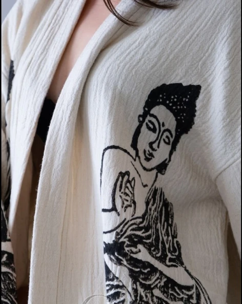 Bornoz ,Plaj Kıyafeti,Kimono , Kaftan ,Sabahlık Siyah Buda Desen Baskılı - 6