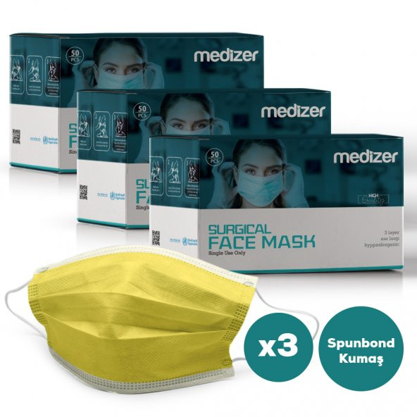 Medizer Full Ultrasonik Cerrahi Ağız Maskesi 3 Katlı Spunbond Kumaş 150 Adet - Burun Telli - Sarı