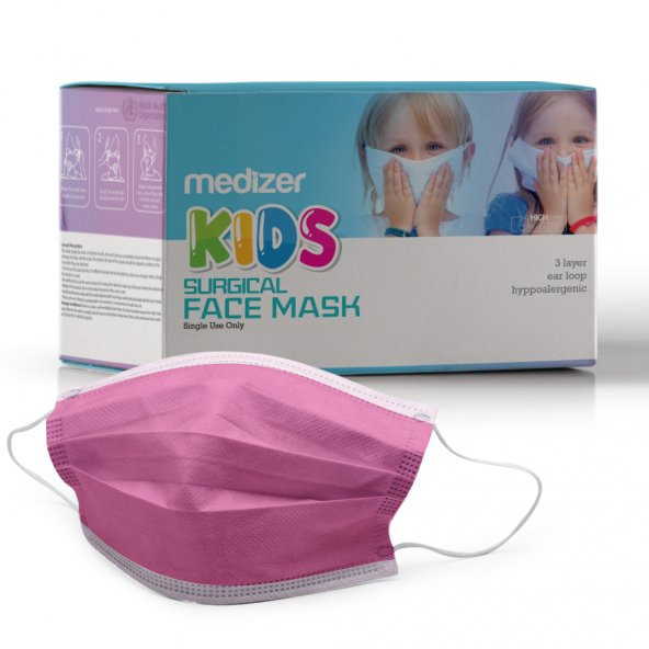 Medizer Full Ultrasonik Cerrahi ÇOCUK Maskesi 3 Katlı Spunbond Kumaş 150 Adet - Burun Telli - Pembe - 3