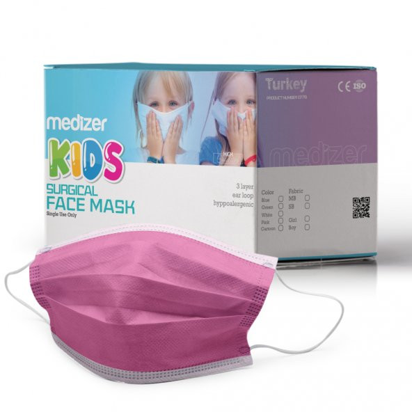 Medizer Full Ultrasonik Cerrahi ÇOCUK Maskesi 3 Katlı Spunbond Kumaş 150 Adet - Burun Telli - Pembe - 4