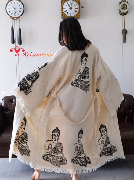 Bornoz ,Plaj Kıyafeti,Kimono , Kaftan ,Sabahlık Siyah Buda Desen Baskılı - 4