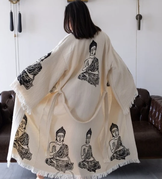 Bornoz ,Plaj Kıyafeti,Kimono , Kaftan ,Sabahlık Siyah Buda Desen Baskılı - 3