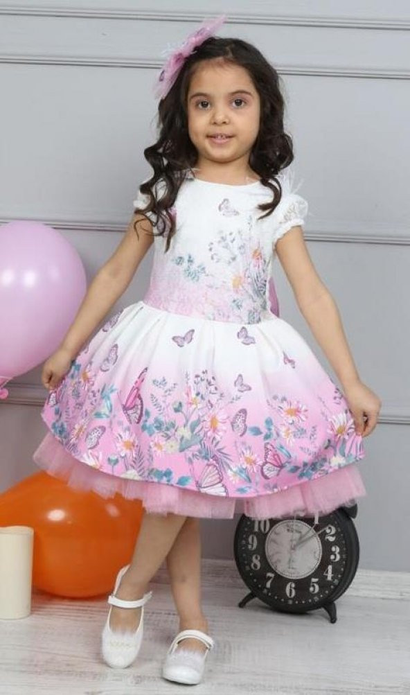 Kız Çocuk Kelebek Baskılı Dantelli Pembe Elbise