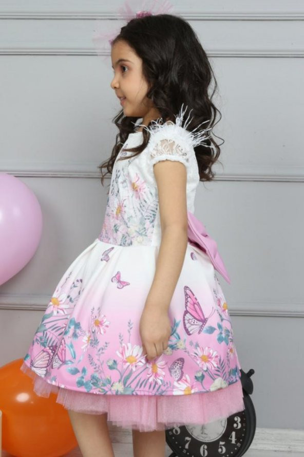 Kız Çocuk Kelebek Baskılı Dantelli Pembe Elbise - 2